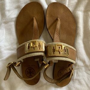 Tory Burch Brown Leather T-strap Flat Sandals 6.5